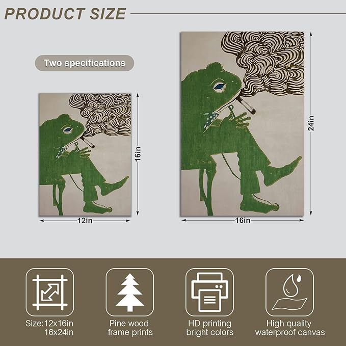 ALMLZL Funny Smoking Frog Wall Art Humorous Animal Whimsical Green Frog Canvas - Image 2