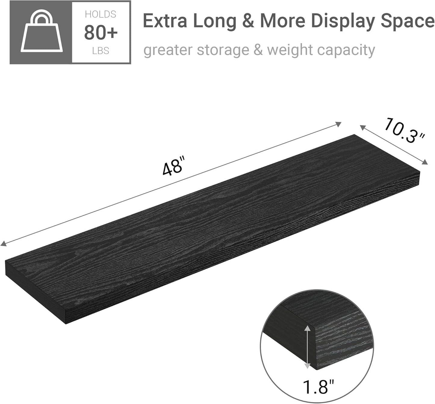 Vivelove Single Floating Shelves 48 Inches, 48 x 10 inch Deep x 1.8 in Thick, Long Wall Shelves Heavy Duty 80 lbs for Bedroom, Living Room, Kitchen, Office, Modern Shelf Book Home Decor, Black