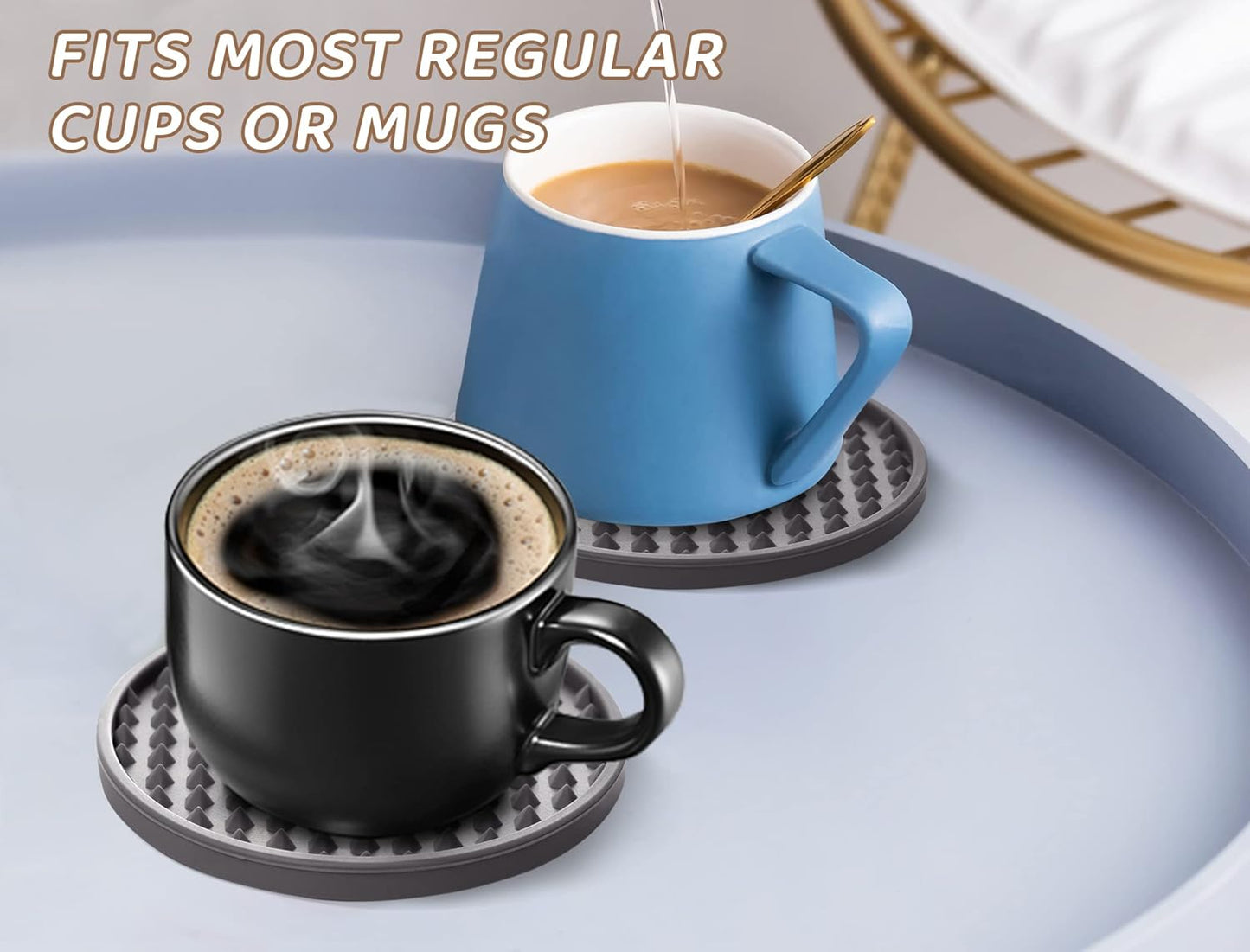 Coasters for Drinks 6 Pcs Drink Coaster with Holder,Heat Resistant Silicone Cup Mat Tabletop Protection,Non-Slip Rubber Coasters for Kinds of Cups (Grey)