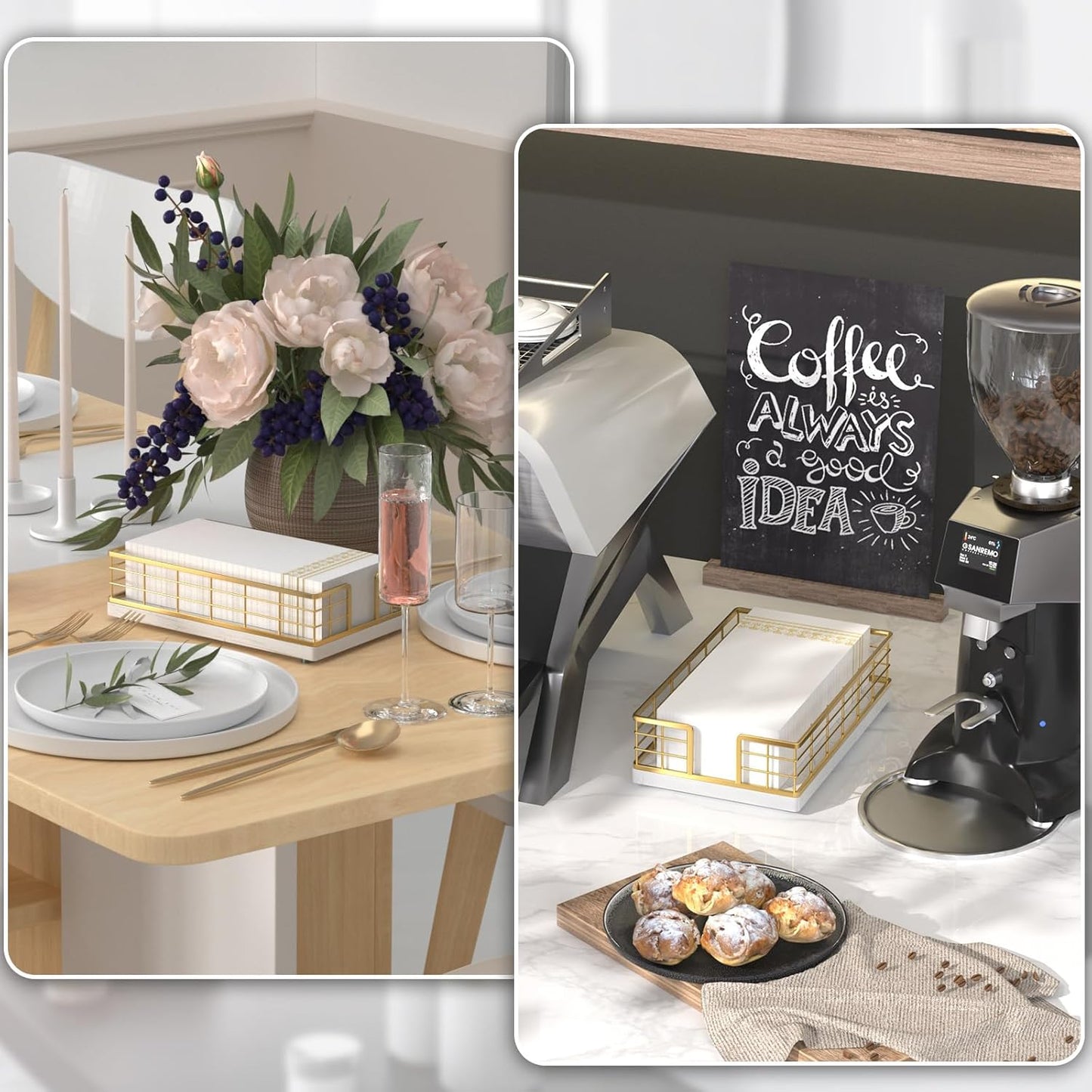 Wican Marble Guest Towel Holder Tray for Bathroom, Napkins Holder for Powder Room Dinning Table Wooden Basket for Disposable Paper Hand Towels Gold and Marble White