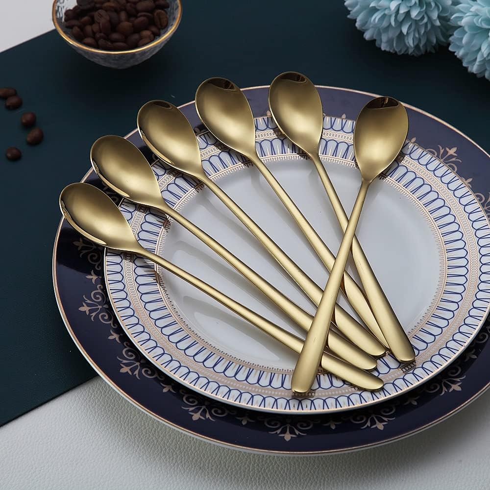 Gold Long Handle Coffee Spoons, Premium Stainless Steel Stirrers for Ice Tea, Ice Cream, Cocktails - Set of 6