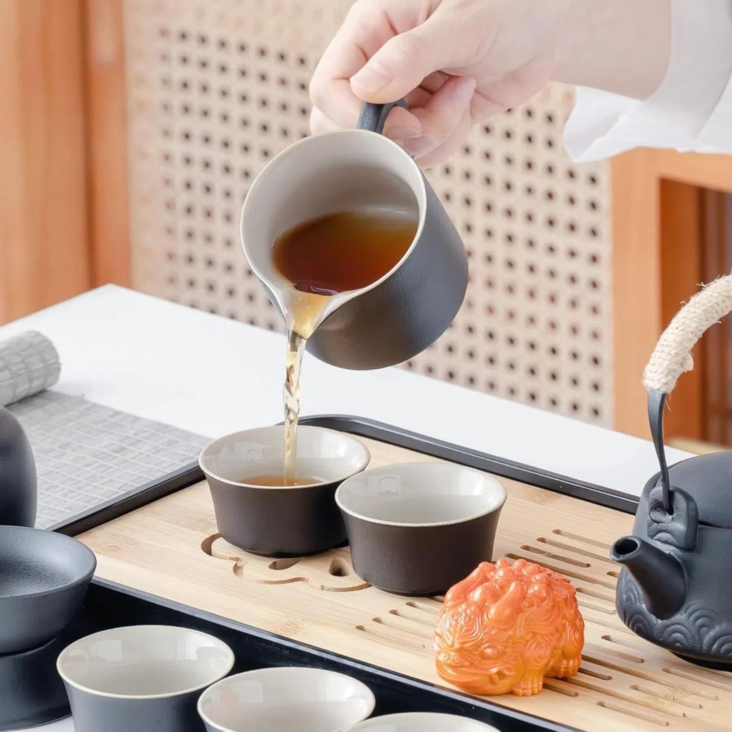 ICHAG Japanese & Chinese Tea Set, Adults' Portable Gongfu Tea Set with Teapet with Porcelain Teapot, 8oz Teapot,14-Piece 茶具 for Home/Outdoor/Office Gifts (Gray)