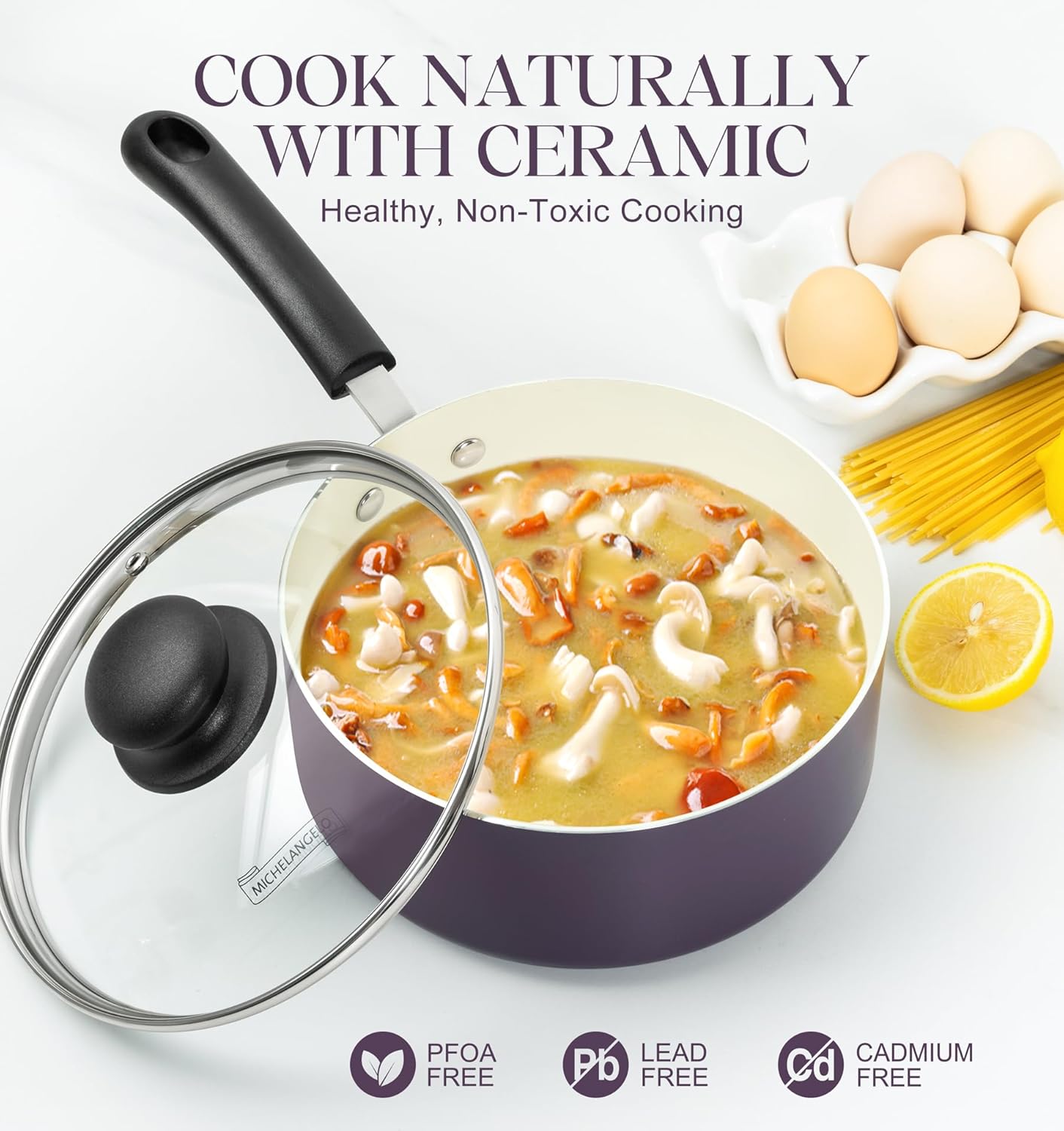 MICHELANGELO Nonstick Sauce Pan with Lid, Ceramic Saucepan Set, Non Toxic Small Saucepans Sets with Stay-Cool Handle, Induction Pots For Cooking, PTFE & PFOA Free - 1Qt & 2Qt & 3Qt, Purple