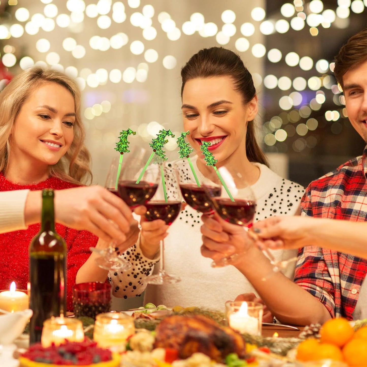 30 Pcs Christmas Drink Stirrers Xmas Stir Stick Holiday Coffee Swizzle Stick Reusable Plastic Hot Cocoa Bar Chocolate Decoration Cocktail Mixer(Whimsical Tree,Fresh Color)