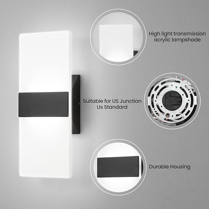Modern LED Wall Sconces Set of Two, 12 Inch Indoor Dimmable Black Wall Lights - Image 5