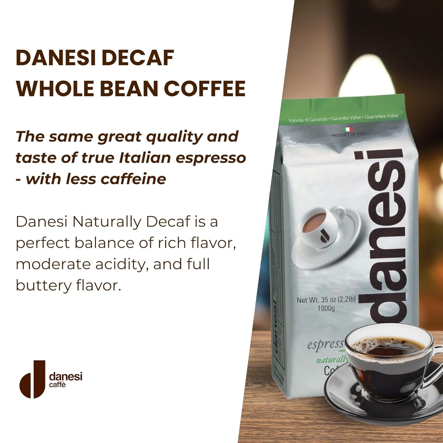 Danesi Caffe Italian Whole Coffee Beans - Espresso Coffee Beans and Medium Roast Whole Bean - Perfect for Espresso Machines, French Press, and Home Brewing - Decaf (4.5 lb)
