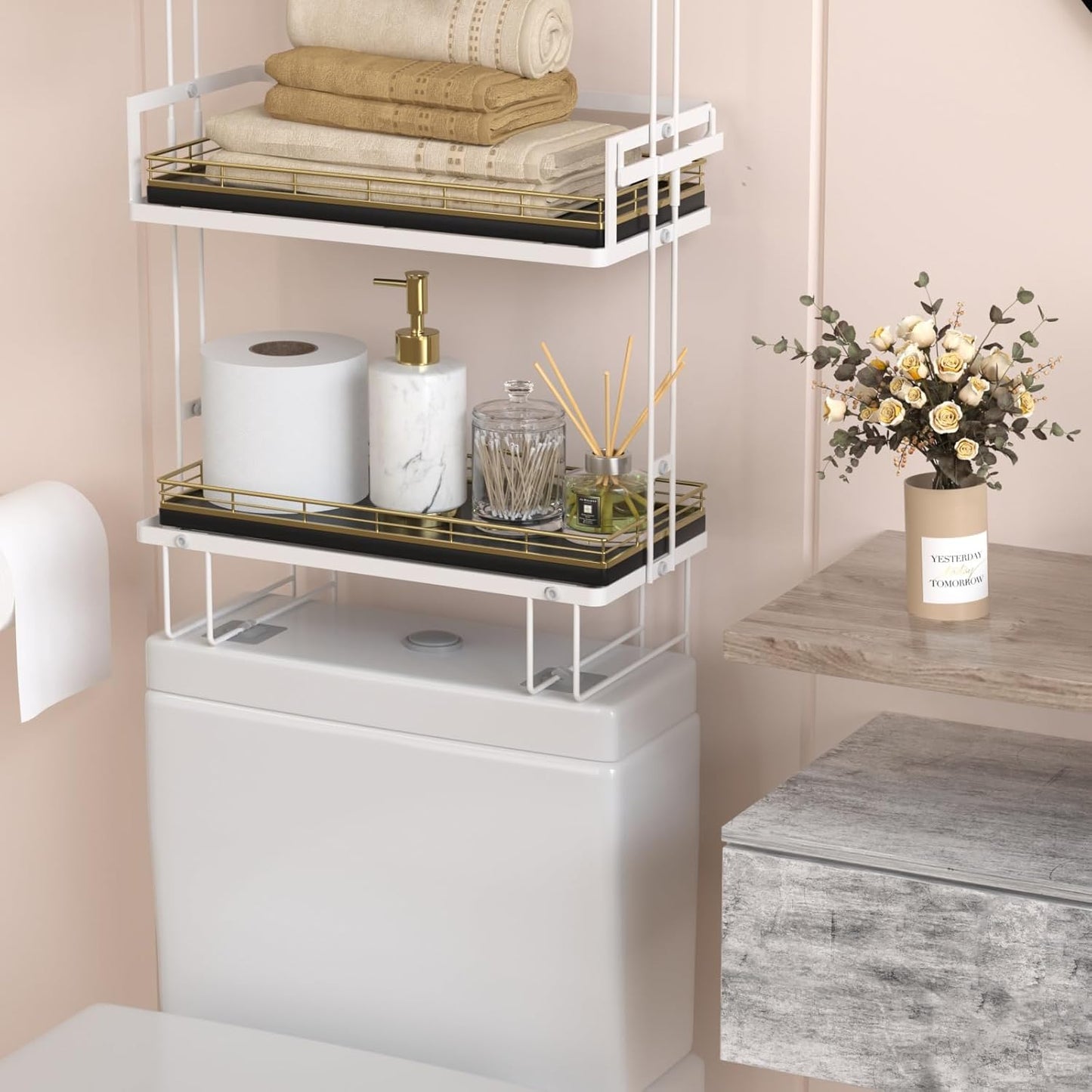 Oak Bathroom Toilet Tank Tray, 13" Paper Storage Basket Tray Back of Toilet Basket Organizer, for Perfume Makeup Candle Kitchen Counter Coffee Table Gold Decor