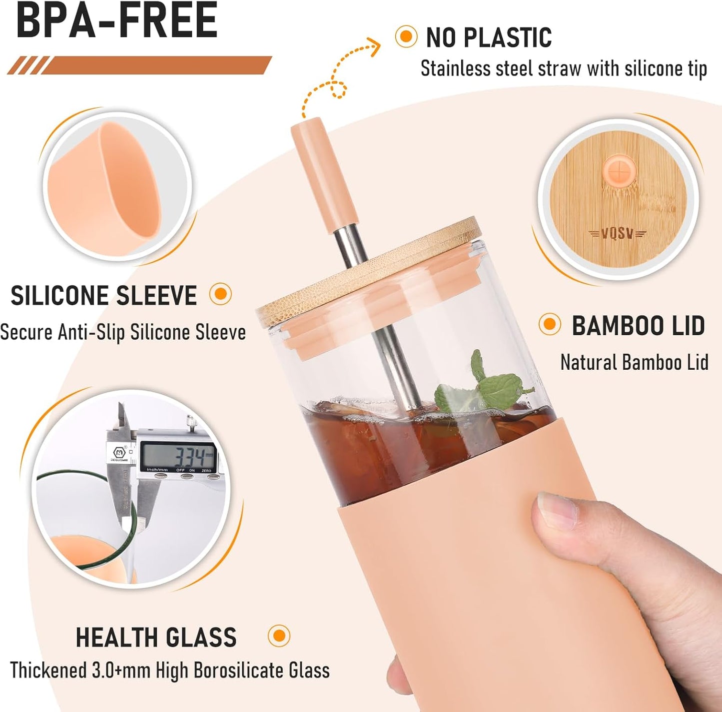 Glass Tumbler w/Lids & Straw - 24oz Reusable Glass Mug/Bamboo Lid & Stainless Steel Straw-BPA Free, Leak-Proof, Dishwash Safe for Coffee, Smoothies, Hot Beverages, Travel, Office, Home Use，2-PK
