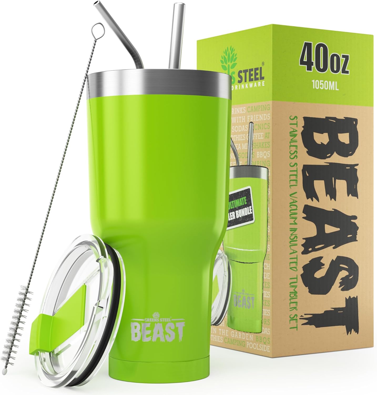 Beast 40 oz Tumbler Stainless Steel Vacuum Insulated Coffee Ice Cup Double Wall Travel Flask (Lemongrass Green)