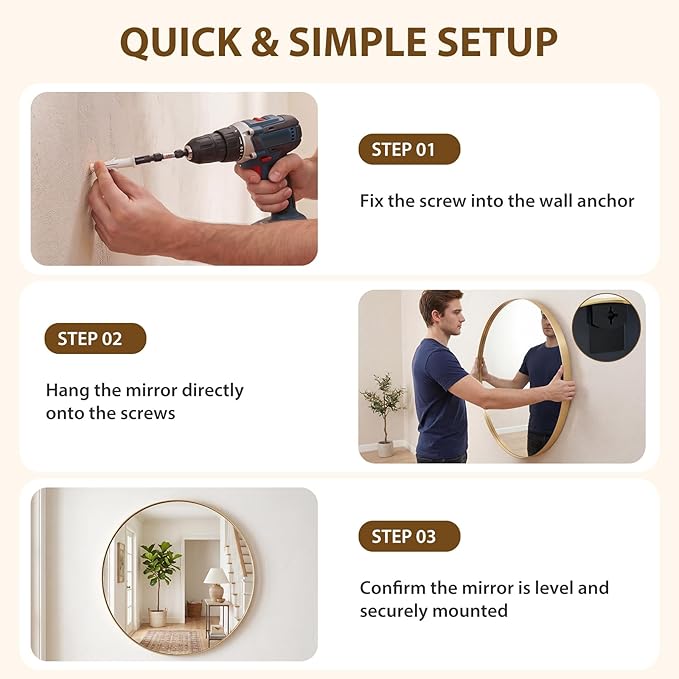 NEWBULIG 28-Inch Round Wall Mirror, Bathroom Wall Circle Mirror - Image 6
