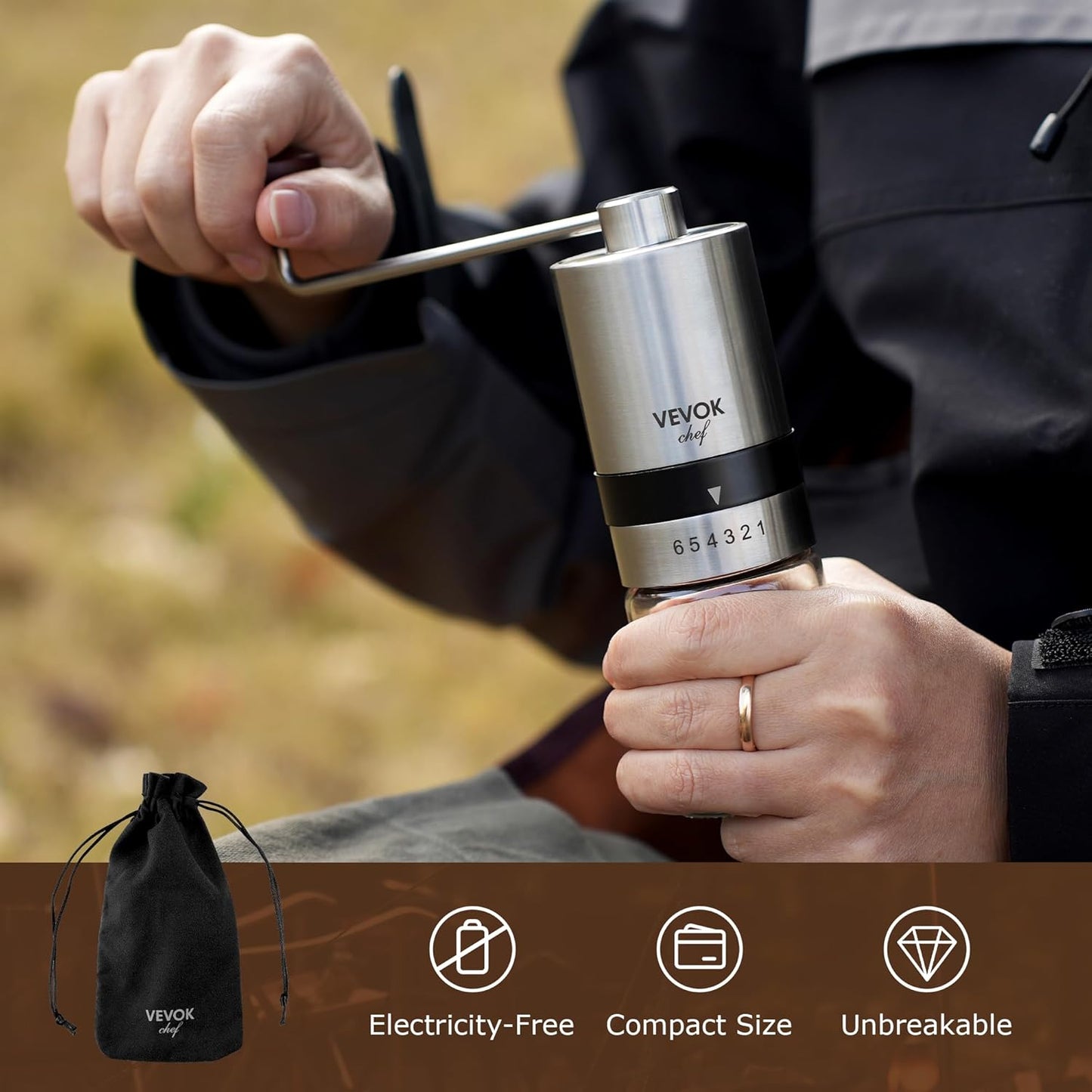 VEVOK CHEF Manual Coffee Grinder Stainless Steel Burr Grinder 6 External Adjustable Setting Vintage Hand Coffee Grinder Portable Hand Crank Conical Coffee Bean Grinder Mill for Home,Camping