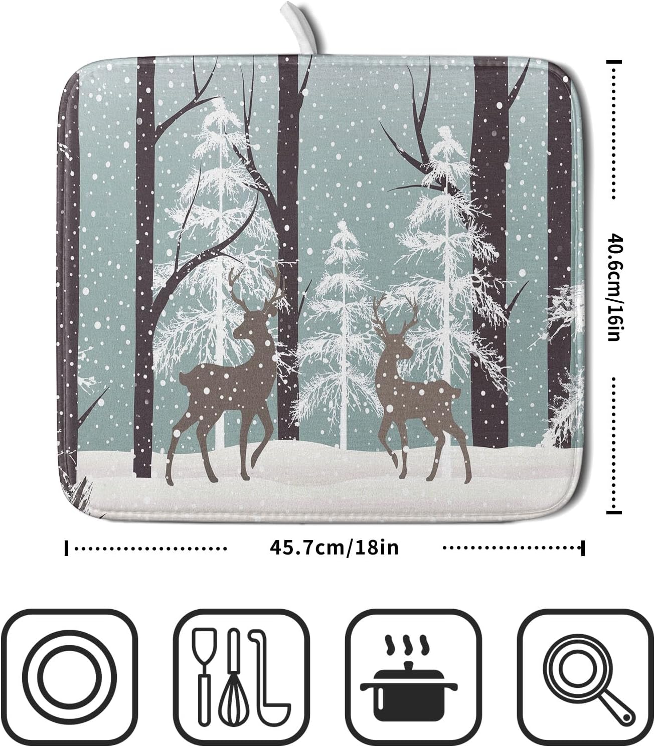 Winter Wildlife Deer Dish Drying Mat for Kitchen Counter,Xmas Landscape Snow Tree Ivory Drying Mat 16 x 18 Inch with High Absorbent Microfiber Drainer Mat for Coffee Bar