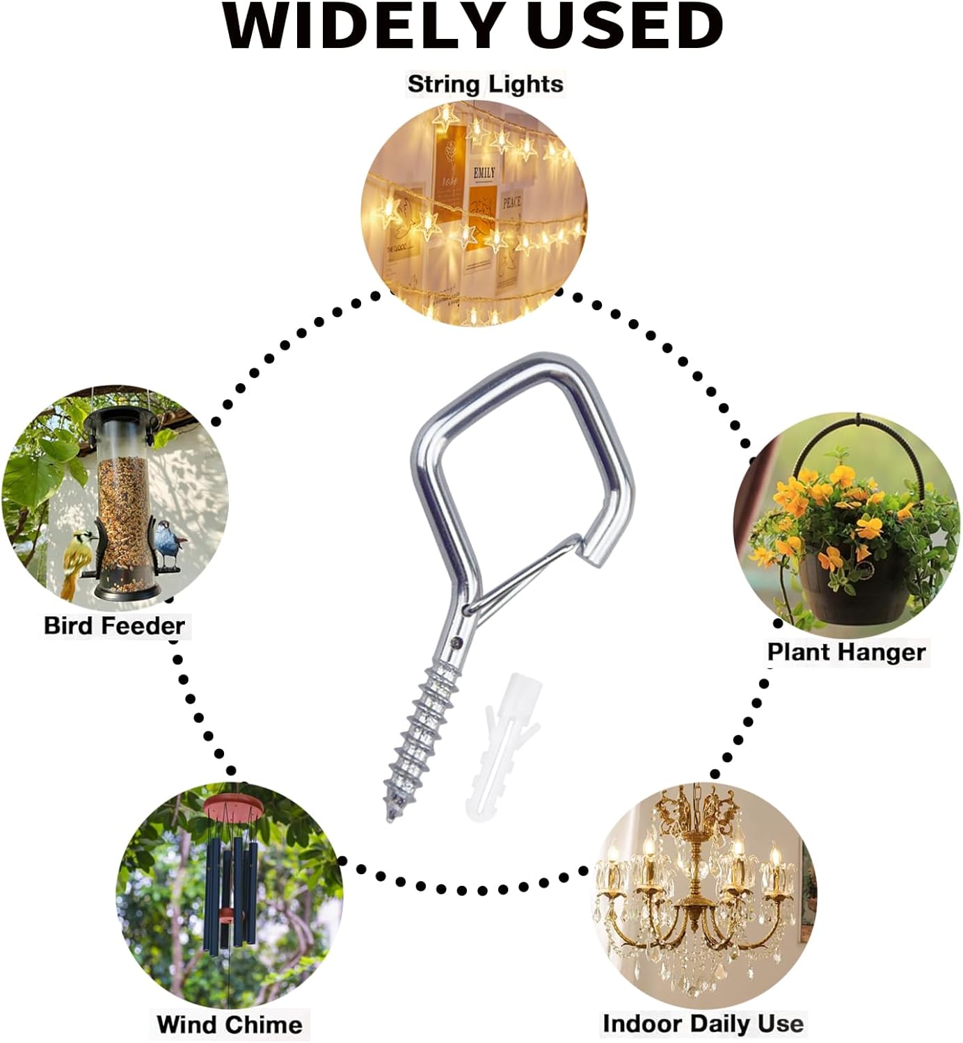 20PCS Eye Screw Hooks for Hanging Heavy Duty with Safety Buckle.Metal Ceiling Hooks for Hanging Plants,Cup,Wind Chime,Bird Feeders,String Lights at Indoor&Outdoor,2.36 Inch(No Drill Bit)