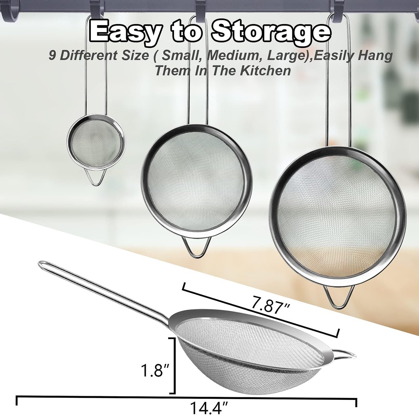 Anaeat Fine Mesh Strainers - Premium Stainless Steel Colander Sieve Sifters, with Durable Mesh and Sturdy Handle, Excellent for Sifting Dry ingredients, Flour, Pastas, Rice, Tea (7.87"）