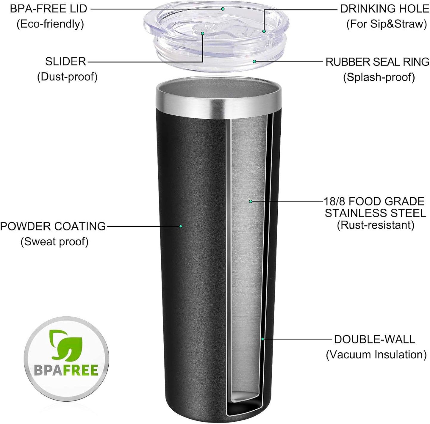 VEGOND Stainless Steel Tumblers Bulk 12 Pack, 20 oz Vacuum Insulated Skinny Tumblers with Lids and Straws, Double Wall Coffee Mug, Travel Water Cup, Black