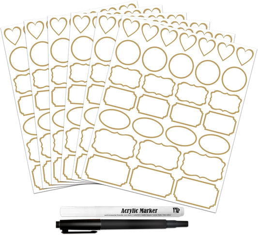 Clear Labels for Jars 180pcs Waterproof Removable Transparent Write-on Label Stickers with Gold Border,Great for Food Container Spice Bottle Condiment Flour Sugar Canisters Storage Bins,Free 2 Markers