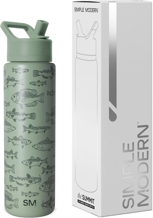 Simple Modern Father's Day Summit Water Bottle with Straw Lid | Vacuum Insulated Stainless Steel Metal Thermos | Reusable Leak Proof BPA-Free Flask for Sports Gym | 30oz, Fish On