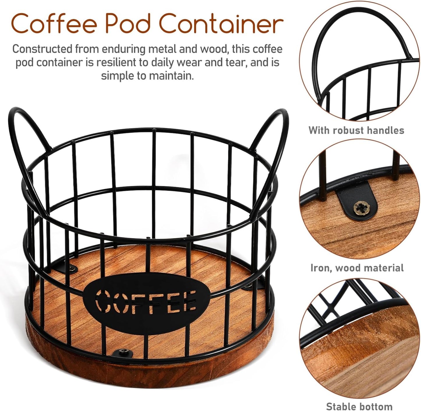 Kichvoe Coffee Pod Holder - Black Wire Coffee Capsule Basket with Wooden Base and Handles - Compact Station Organizer for Countertop - Multi-Functional Bar Accessory