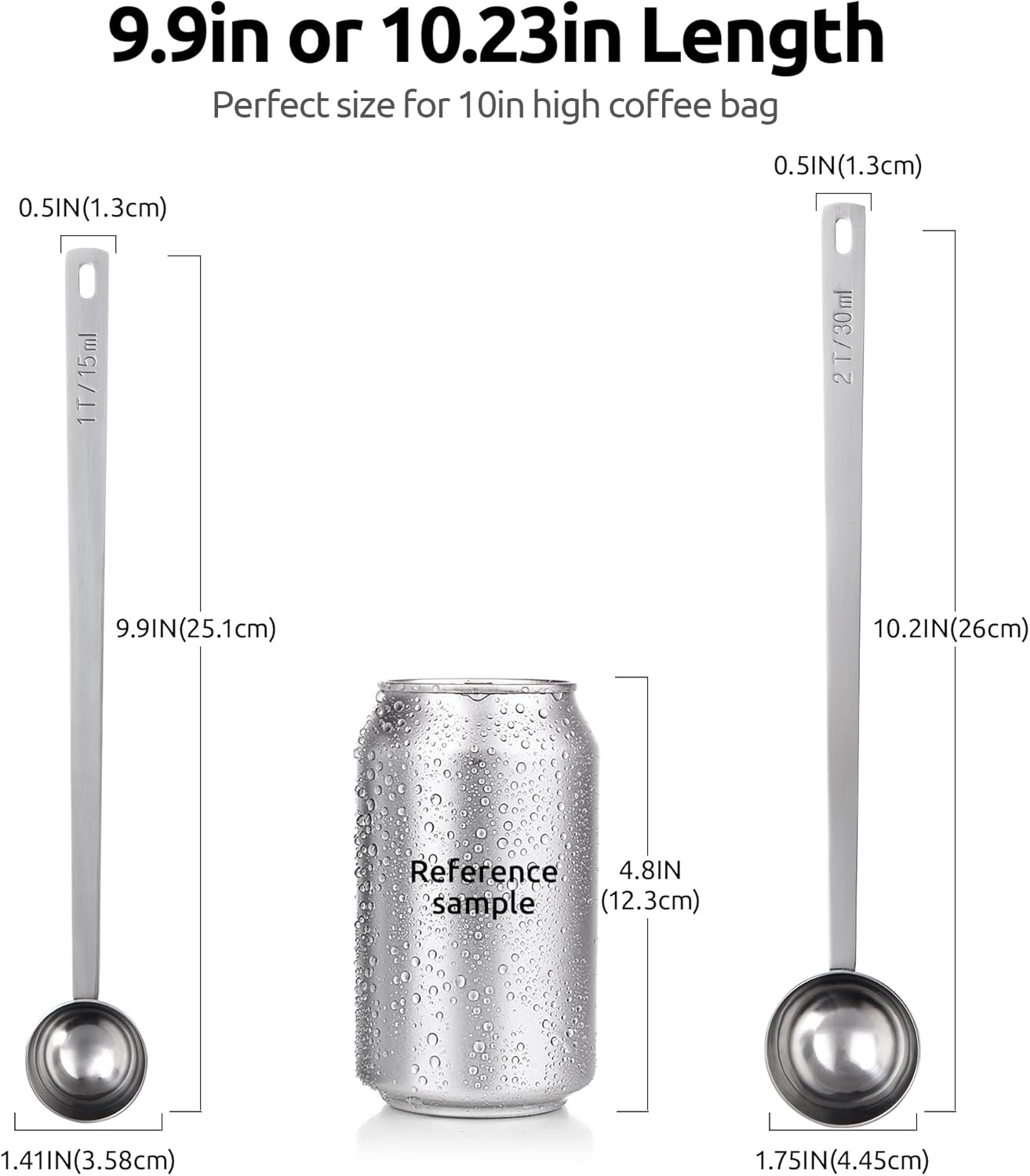 U-Taste Coffee Scoop 1&2 Tablespoon: 18/8 Stainless Steel Measuring Scooper for Ground Coffee, Bean, Powder, Espresso, 8.5in Long Handle Metal Meaure Spoon for Canister, Jar (1&2Tbsp/15&30ml, Silver)