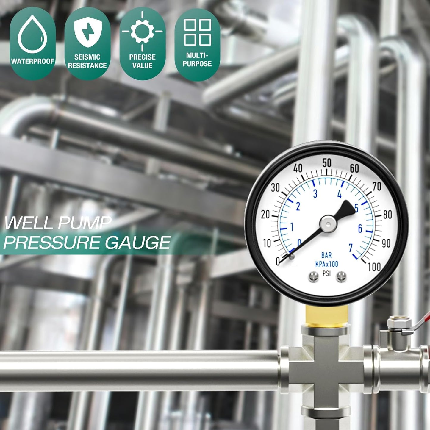 0-100psi Well Pump Pressure Gauge 1/4" NPT 2" Face Dial Size Lower Mount, Multifunctional Practical Dry Pressure Gauge, for Water, Oil and Air Compressor