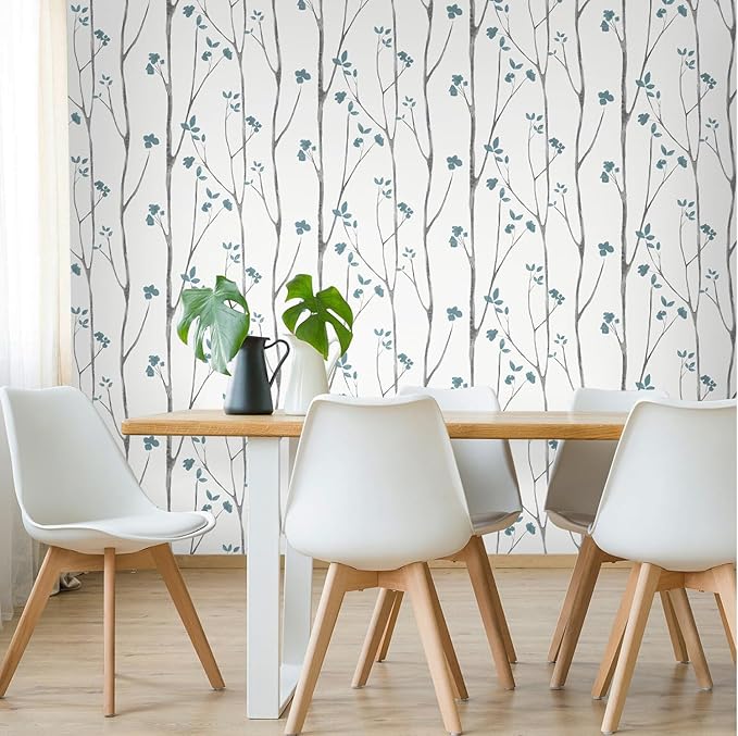 Timeet Peel and Stick Wallpaper White and Blue Floral Wallpaper Boho Leaf - Image 3