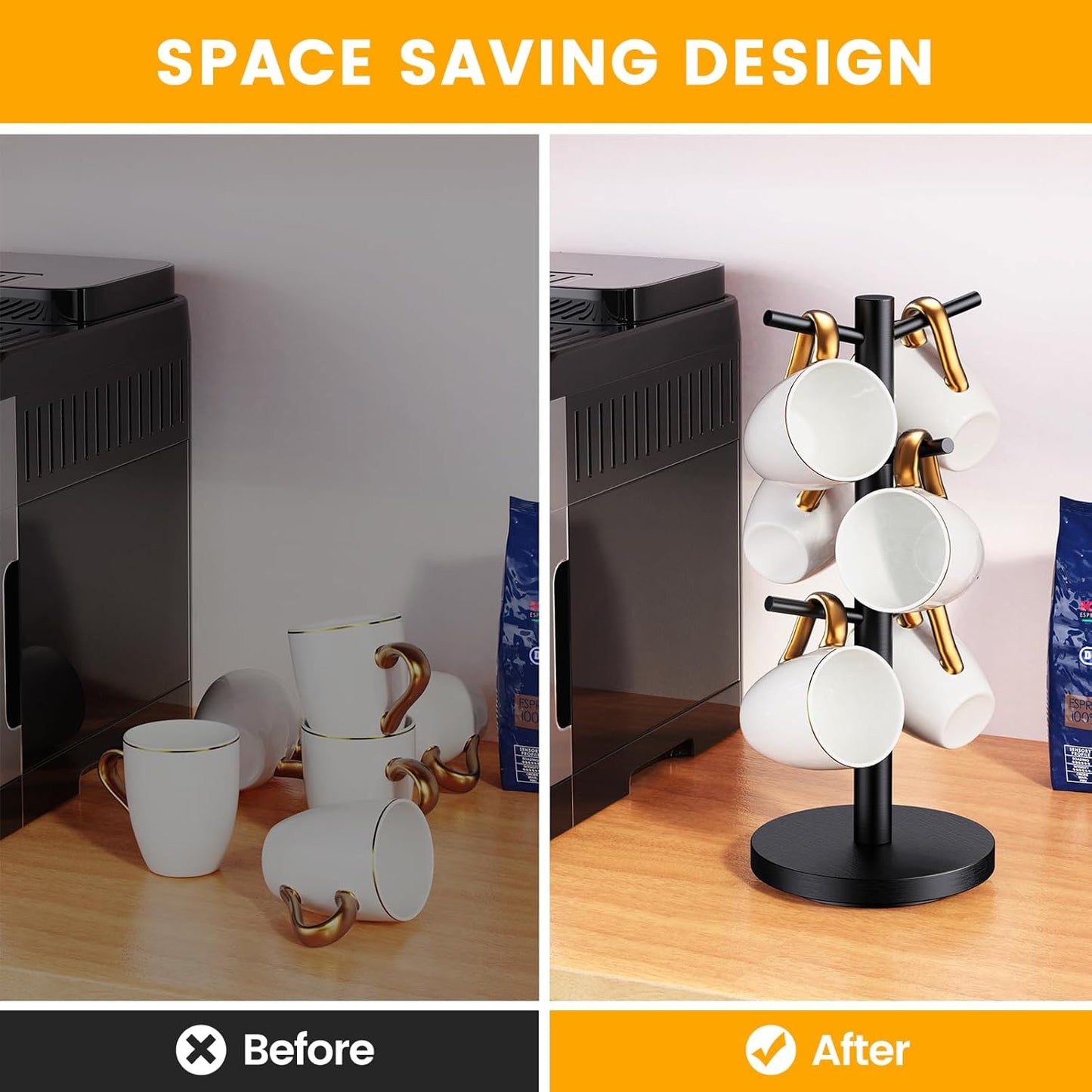 Coffee Mug Holder Tree, Upgraded 360° Rotated Cup Holder for Counter, Wood Mug Rack with 6 Hooks, Coffee Mug Organizer Station, Mug Stand Bar Accessories, Black