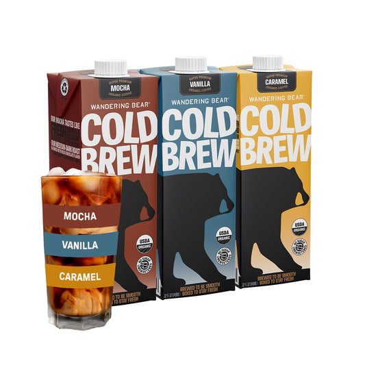 Wandering Bear Organic Cold Brew Coffee, Variety Pack, 32 fl oz (3pk - Vanilla, Caramel, Mocha) - Extra Strong, Bold, Smooth, Unsweetened, Shelf-Stable, Ready to Drink, Iced Cold Brewed Coffee Drinks