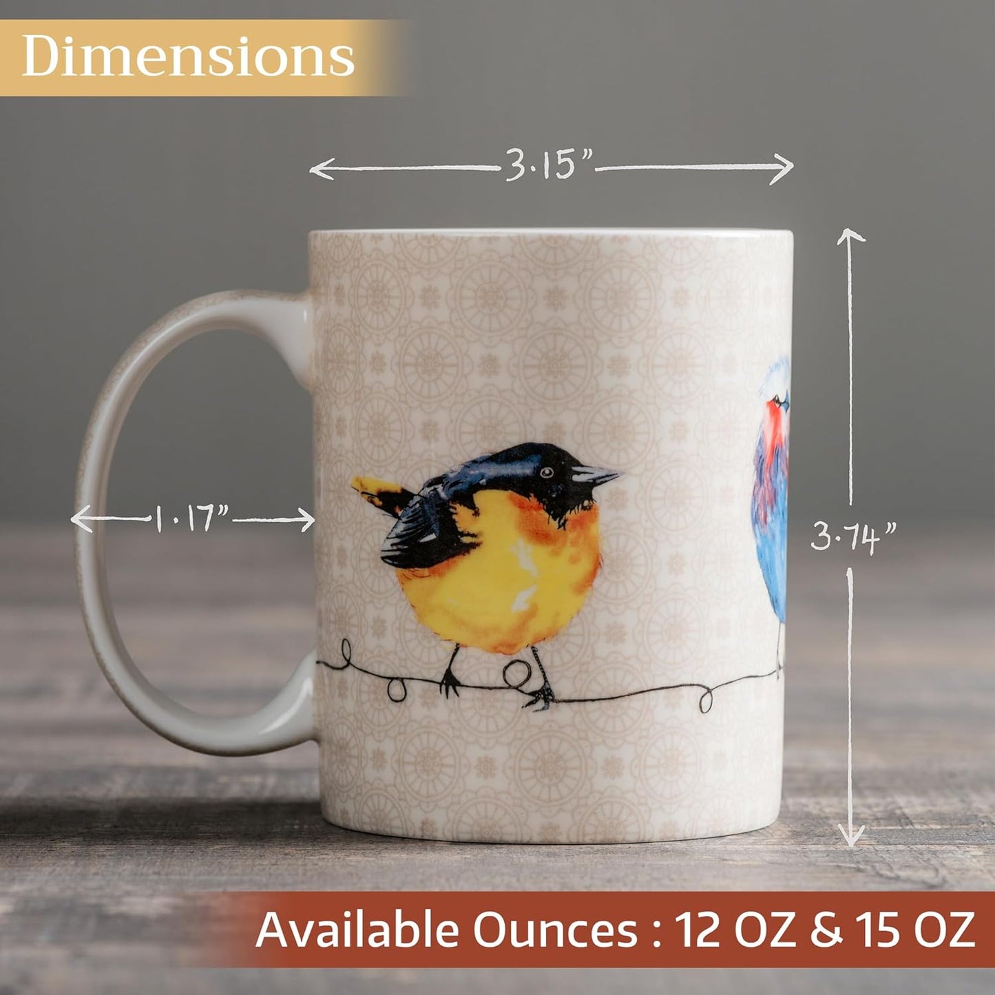 Maison d' Hermine Coffee Mug with Handles Fine Bone China Mugs Pack of One Tea Cups for Hot Beverages Cappuccino Latte Home Restaurant Office Perfect for Gift (Birdies On Wire - Nuthatch, 12 Ounce)