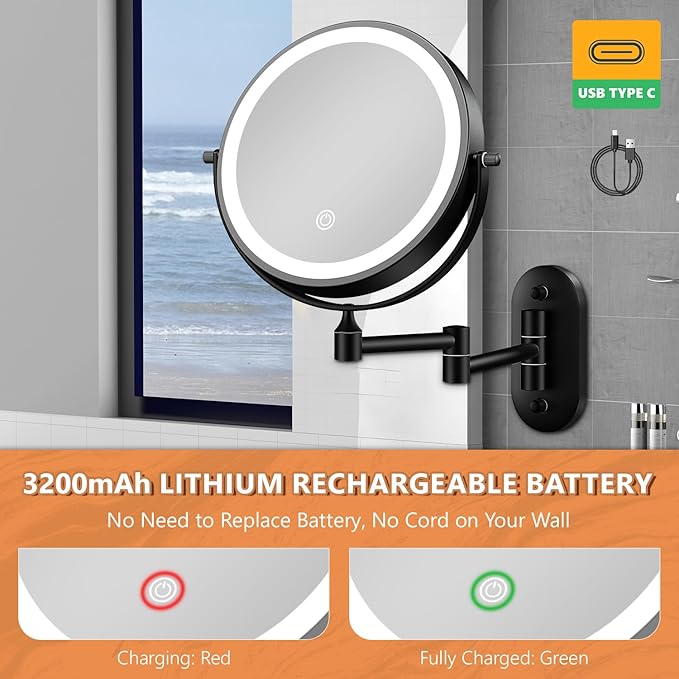 Auxmir 8'' Wall Mounted Lighted Makeup Mirror, 3200mAh Rechargeable - Image 8