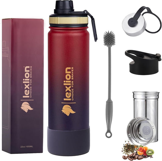 Lexlion 22 Oz Fruit Infuser Water Bottle - Triple Walled Insulated Stainless Steel, Thermal Leaf Infuser, Silicone Sleeve, 3 Leakproof Lids, Metal Mug Gallon