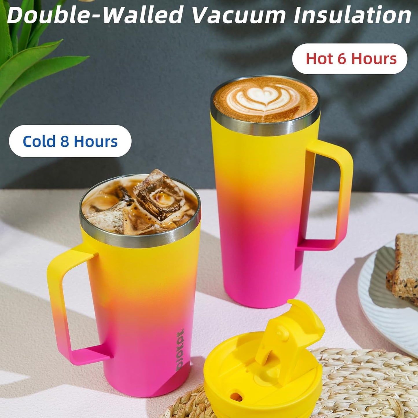 BJPKPK Insulated Tumbler with Handle, 22oz Insulated Tumblers with Lid and Straw, Stainless Steel Metal Water Bottles, Coffee Travel Mugs, Cups, Light Pink