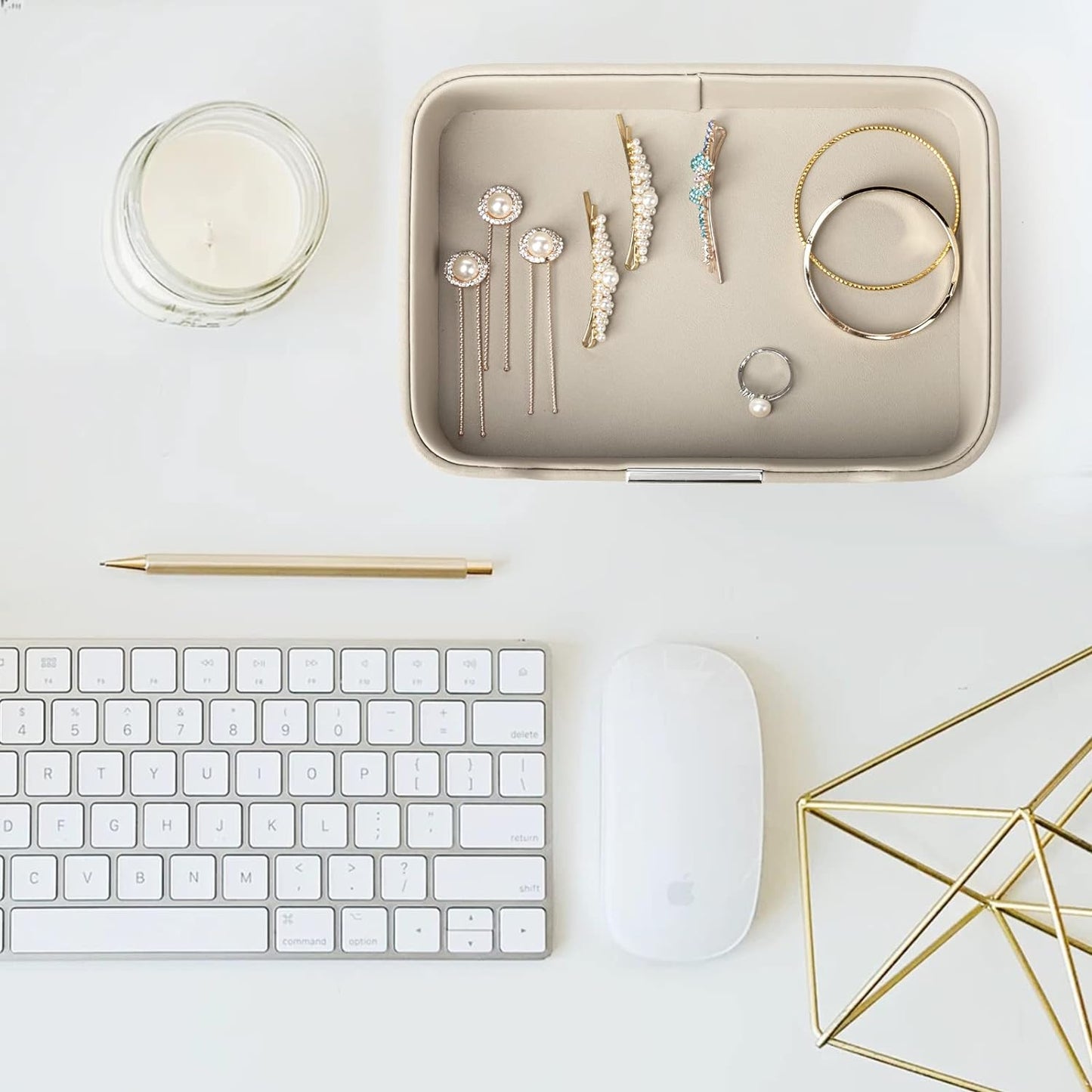 SANZIE Luxury Leather Tray Desktop Storage Catchall Organizer Decorative Tray for Entryway Table to Hold Jewelry Watch Keys Phone Wallet (Metal Silvered, Grey)