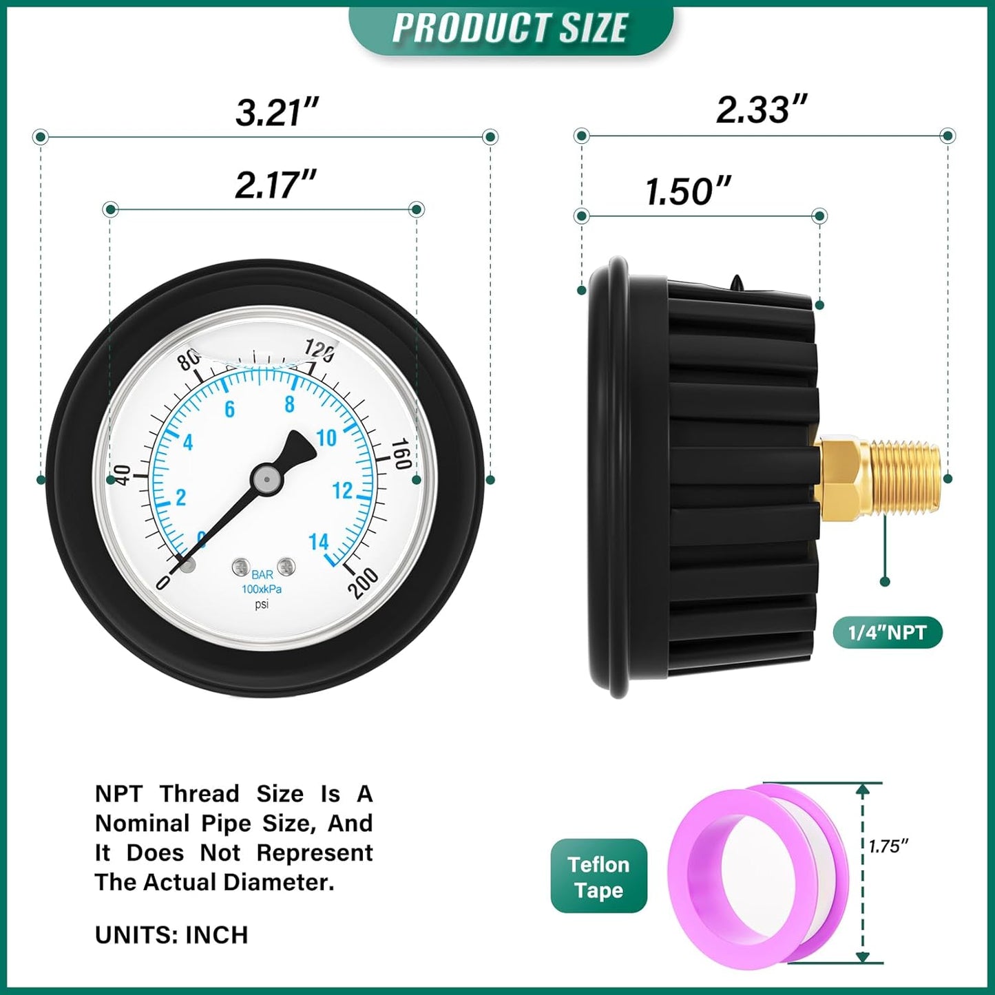 0-200PSI Stainless Steel Liquid Filled Pressure Gauge, 2.5" Dial Size, 1/4" NPT Back Mount, with Rubber Protective Sleeve, for Tube, Water Pump, Gas, Liquid, Pressure Test
