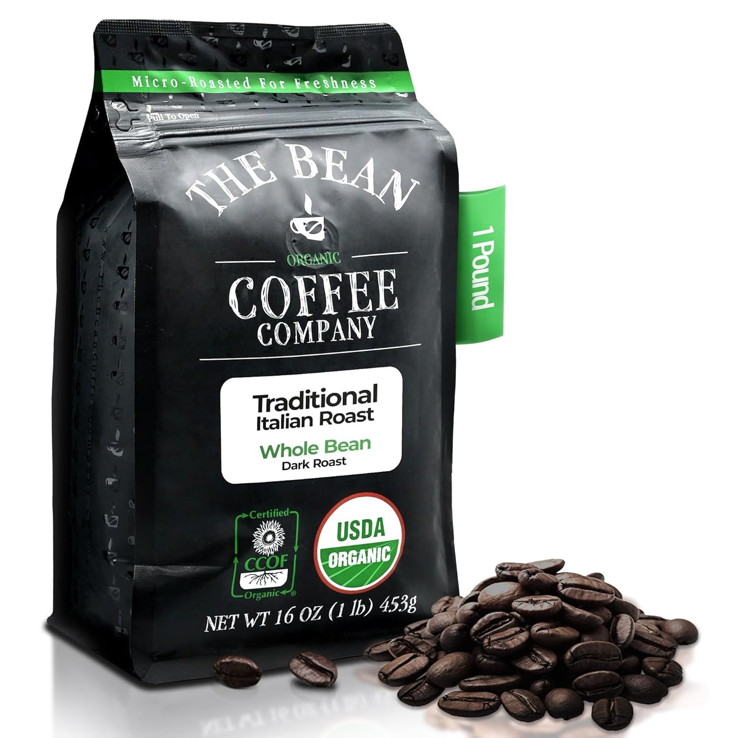The Bean Organic Coffee Company Il Chicco (Traditional Italian Roast), Dark Roast, Whole Bean Coffee, 16-Ounce Bag