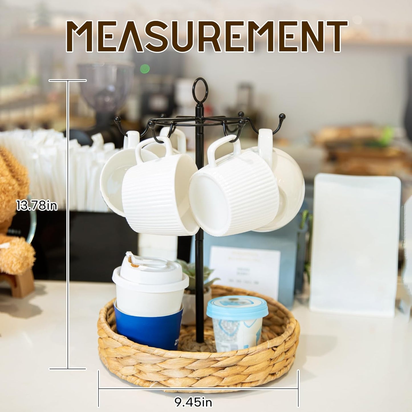 GENMOUS Farmhouse Coffee Mug Holder Stand with Woven Basket for Countertop, 2 Tier Handle Coffee Cup Tree Holder, CoffeeMugs Rack for 6 Mug Hooks with Cup Pods & Saucer Basket Storage for Bar Counter