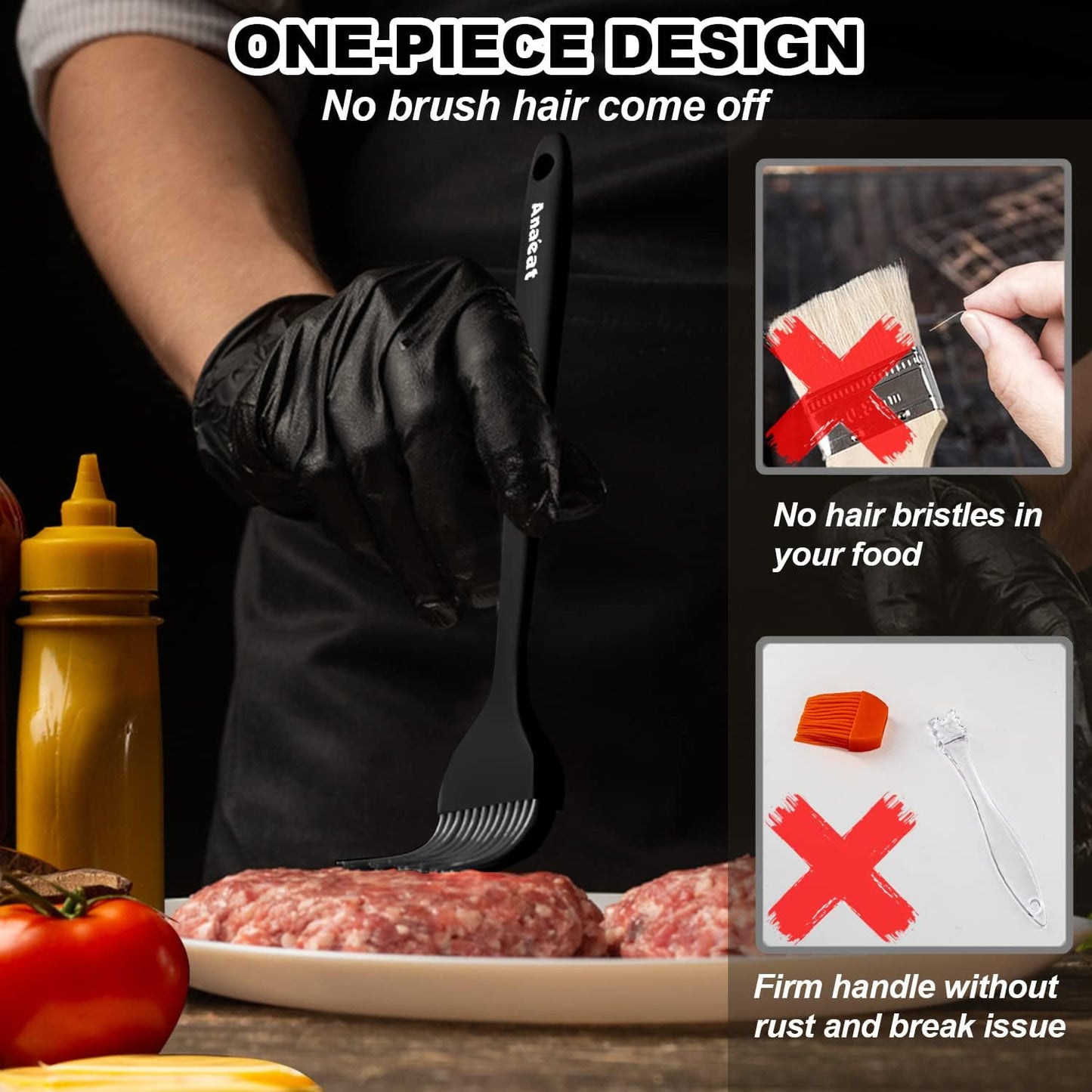 Anaeat 2 Pack Silicone Basting Pastry Brushes - Heat Resistant Brush with Soft Bristles, Hygienic One-Pieces Design, Marinade Brush Great in Baking for Spreading Oil Butter Sauce BBQ Grill (Black)