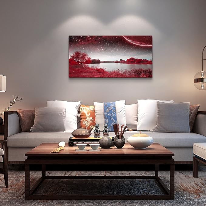 wall art for living room Red Lakes and trees under the starry sky red landscape - Image 2
