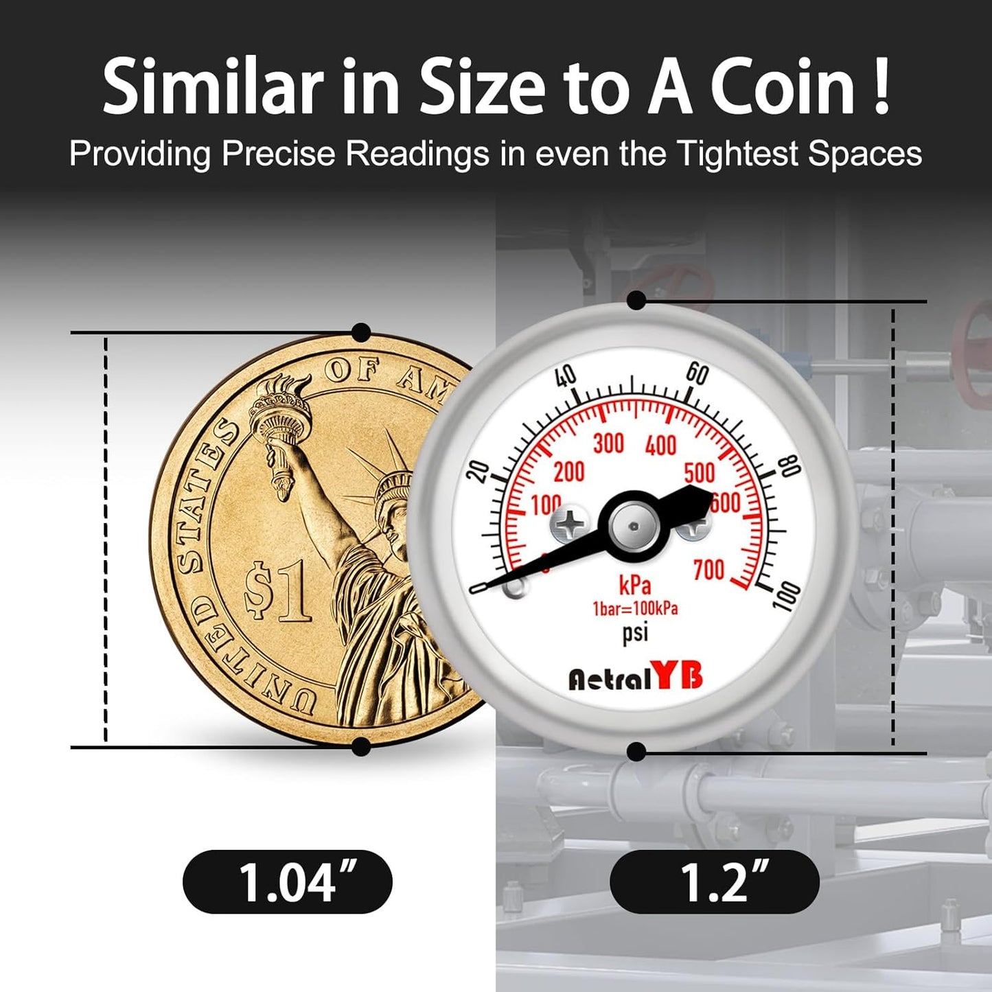 100Psi/700Kpa Mini Pressure Gauge,Stainless Steel Housing,Brass Internal,1.2 Inch Dial,NPT 1/8" Back Mount,Dry Type, Lead-Free Material,for Air,Water,Oil Pressure Test