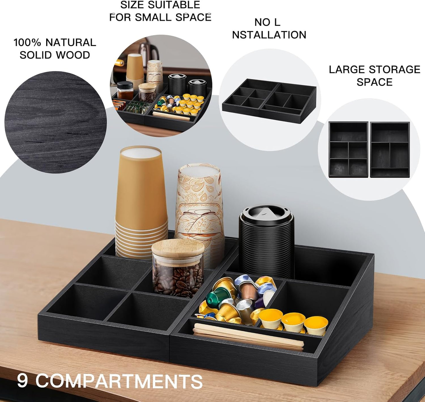 Coffee Station Organizer Coffee Condiment Service Tray with 9 Compartment for Counter, Wood Coffee Bar Supplies Organizer for Home Office Breakroom Two-in-One Black