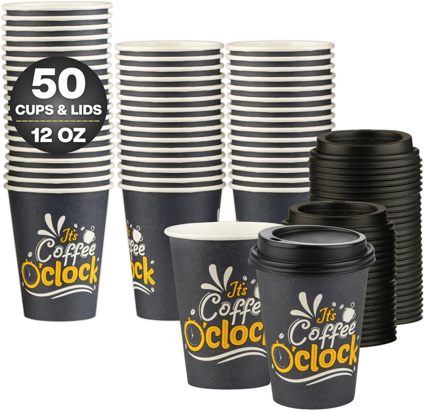 Smygoods Disposable Coffee Cups with Lids, To Go Paper Hot Cups, Coffee O'Clock Design (12 OZ, 50 Count) For Hot Beverages, Coffee, Tea, Espresso, Cocoa - Vasos Para Cafe