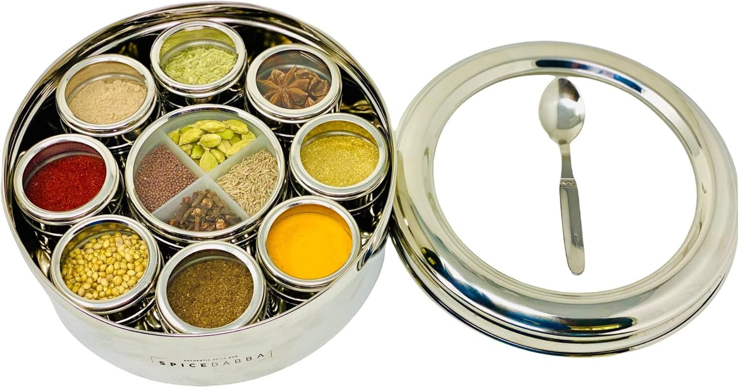 spice dabba Stainless Steel Indian Spice Box,Steel Masala Dabba 12 Spices,Lid Spice Box,Authentic Spices,Masala Box with Individual containers|Size 9 x 9 x 3 IN 3 LB (Indian Spice Box with Spices)