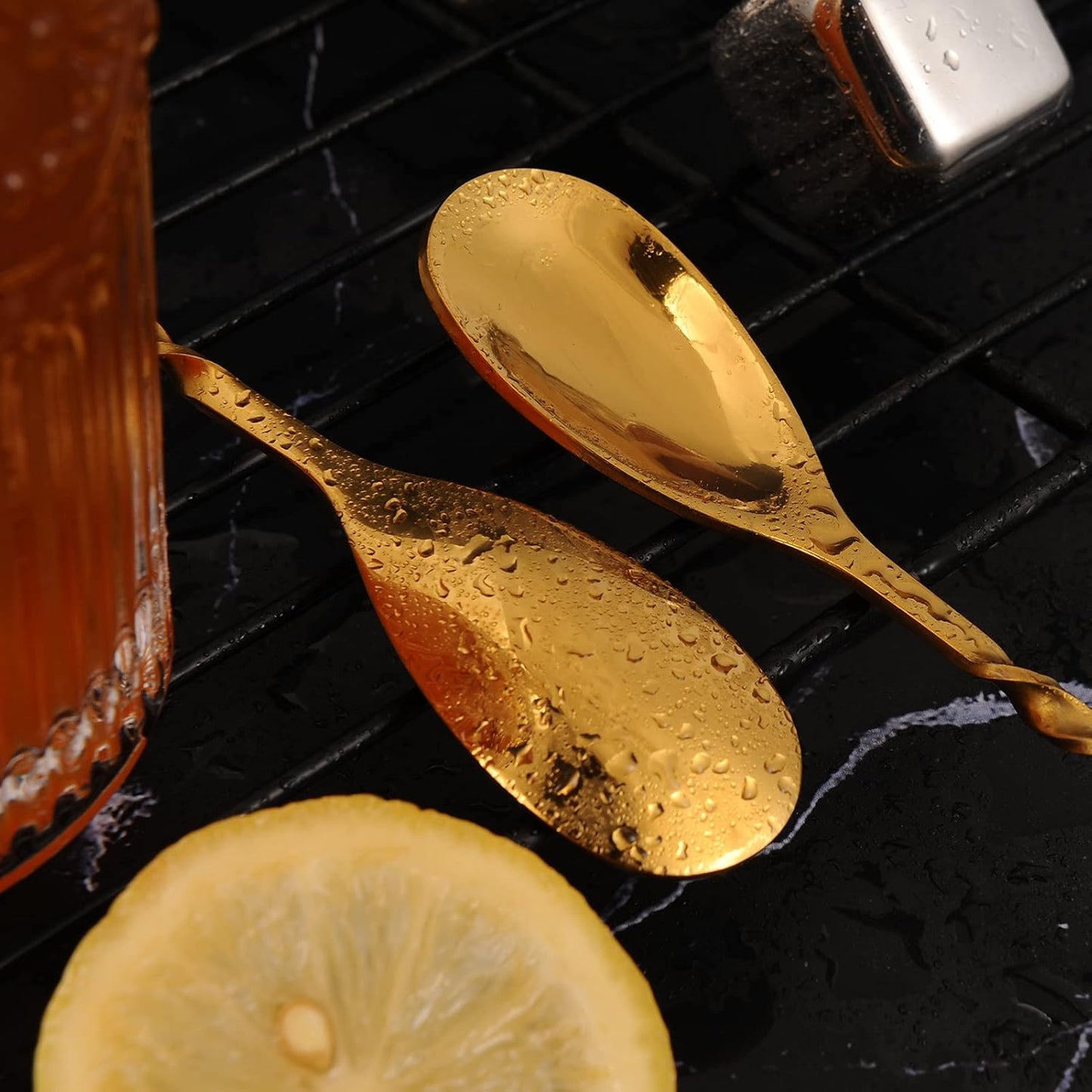 AnSaw Gold 12-Inch Stainless Steel Cocktail Spoon with Leaf Handle - Perfect for Mixing & Layering Drinks in Tall Cups, Bar & Shakers - Durable Long Handle Bar Stirrer,1-Pieces