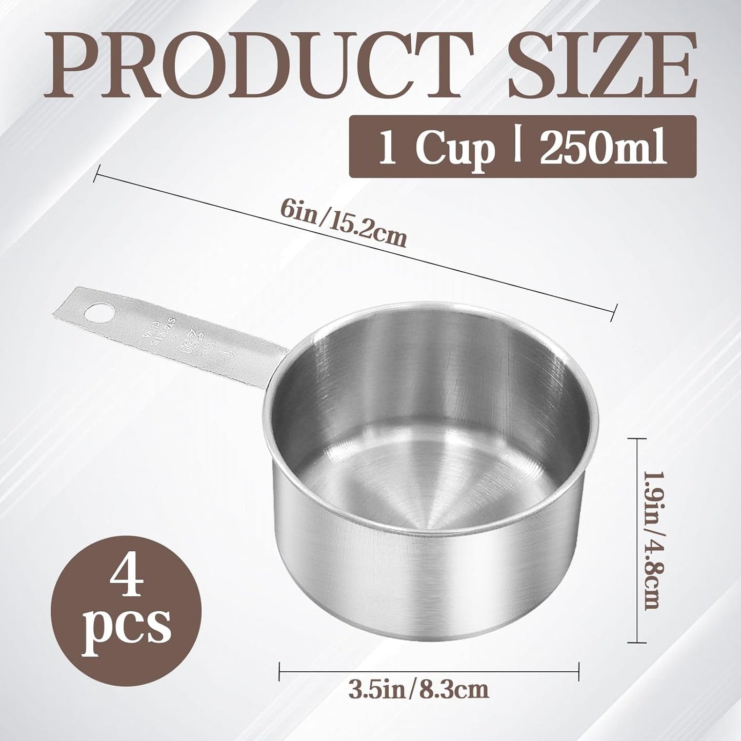 Stainless Steel Measuring Cup, Metal Measuring Cup, Small Measuring Scoops Coffee Scoop with Comfortable Hand for Kitchen Cooking Baking (4, 1 Cup)