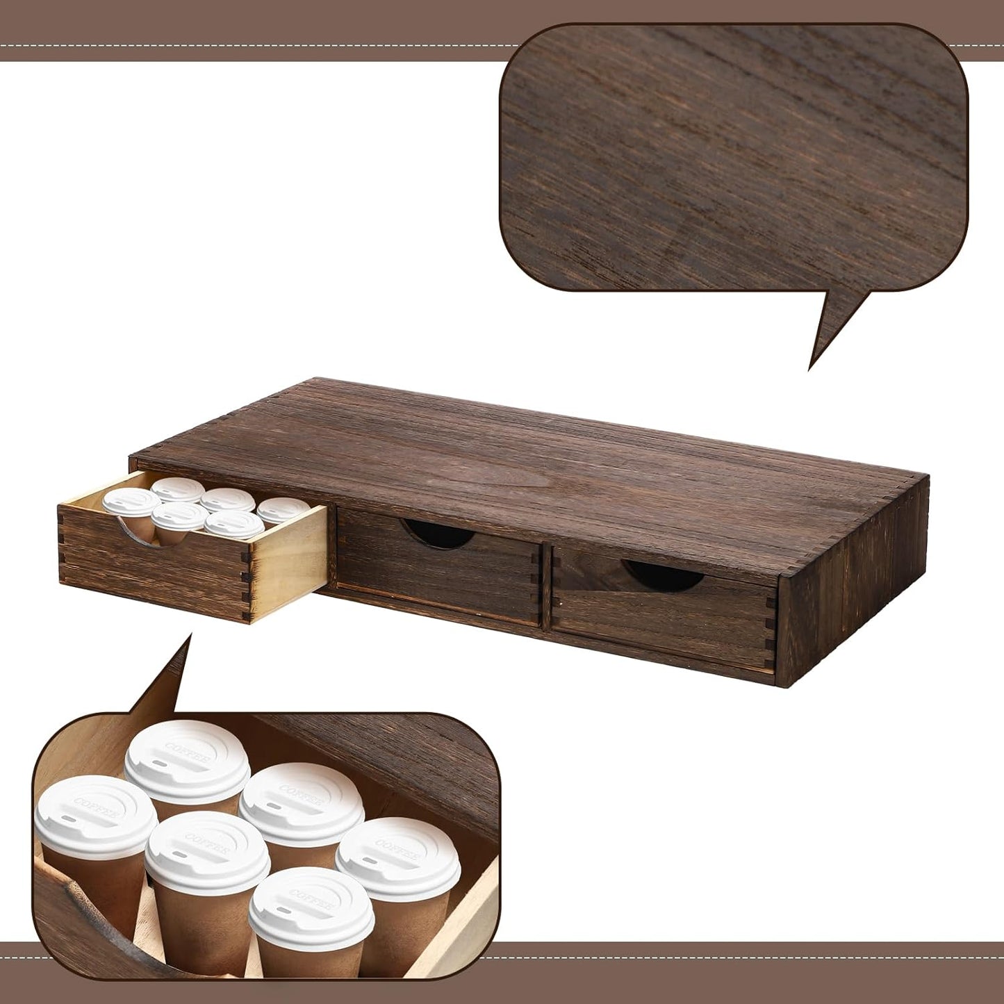 Suzile Coffee Pods Storage Holder Cabinet Vintage Countertop Storage Drawers Wooden Cup Organizer Under Brewe for Home Office Accessories(3 Drawer)