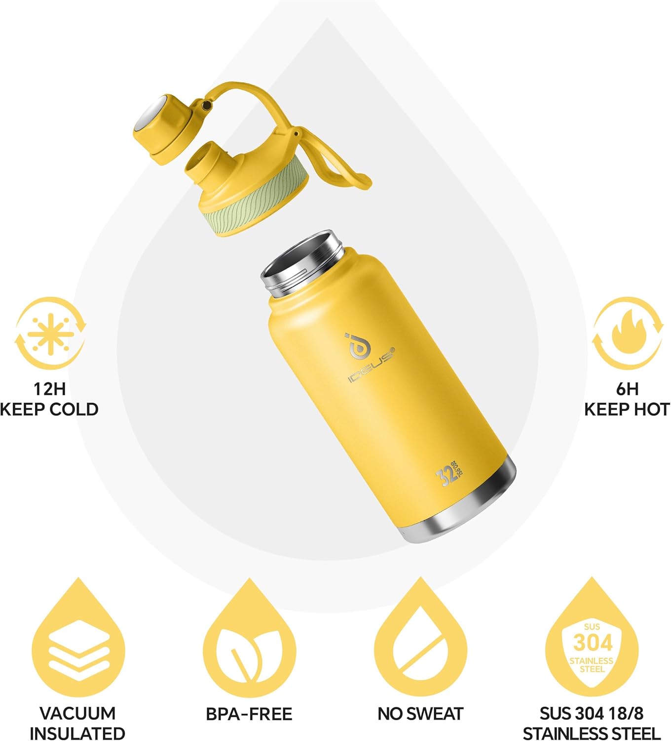 IDEUS Insulated Stainless Steel Water Bottle with 2 Leak-Proof Lids, Thermal Water Flask for Hiking Biking, 32oz, Bright Yellow