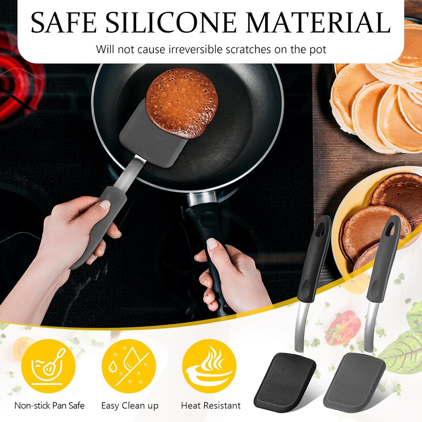 Silicone Cookie Spatula Turner 2 Pack Mini Brownie Spatula Flexible Kitchen Small Silicone Turner for Nonstick Cookware Heat Resistant No Scratch Flipper for Egg Pancake(Black, Grey)