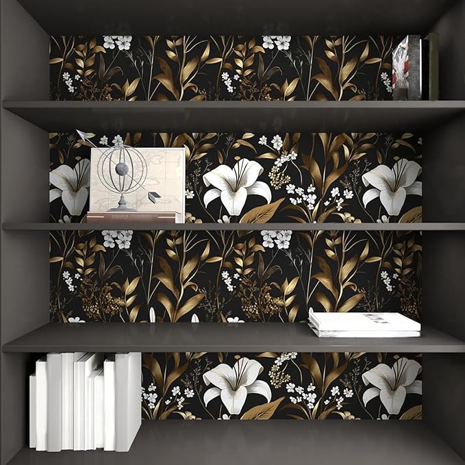 Laatse White Floral Wallpaper Peel and Stick, Dark Golden Botanical Wall Paper - Image 7