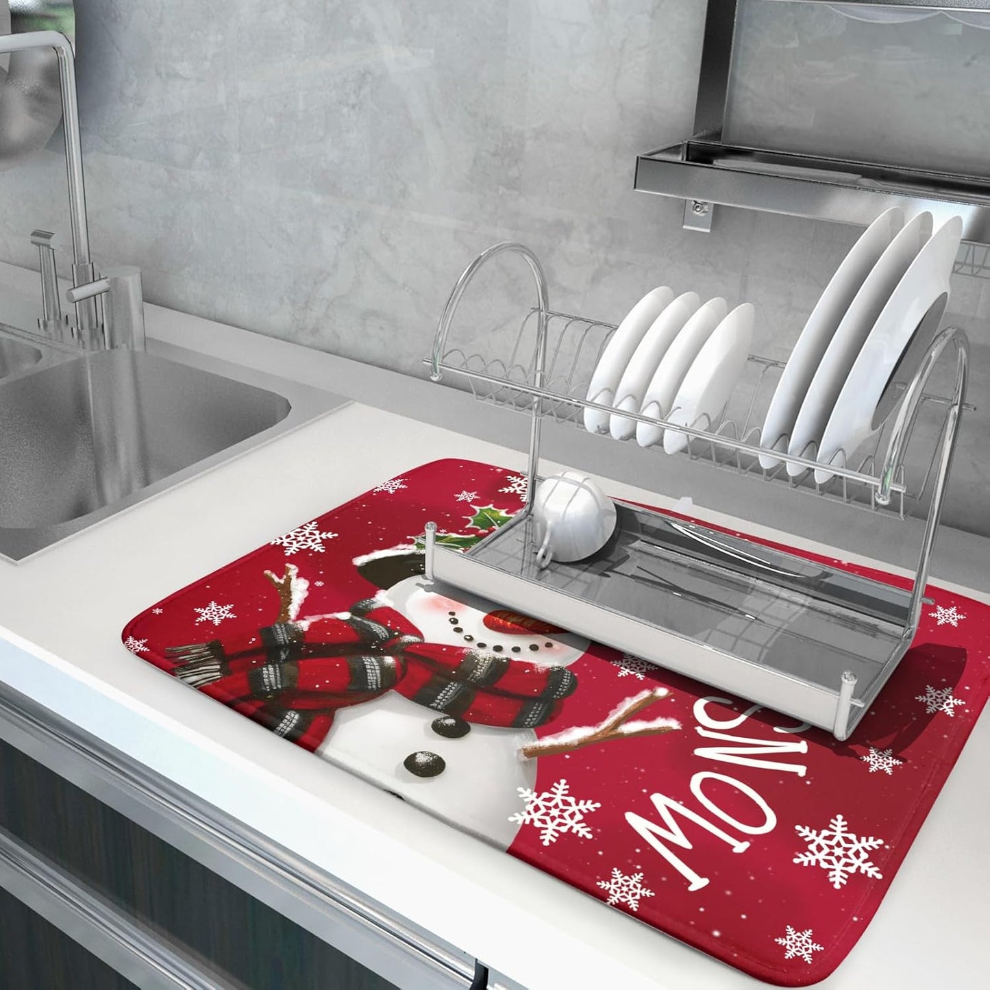 Merry Christmas Dish Drying Mat for Kitchen Counter 16x18 Inch Let It Snow Dish Draining Mat Xmas Snowflakes Decorations Fast Absorbent Tableware Cardinal Birld Dishes Pad for Coffee Bar Countertop