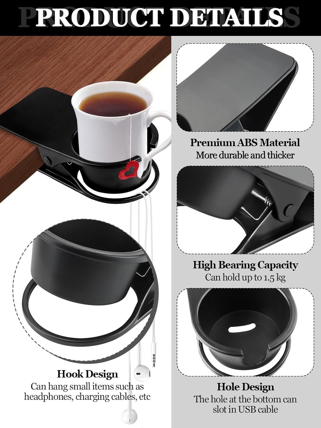 2PCS Drinking Cup Holder Clips, Kalolary Table Edge Cup Holder Clip Water Coffee Mug Holder Clip Desk Bottle Cup Stand Clip with Groove for Home & Office & Schoo (Black New)