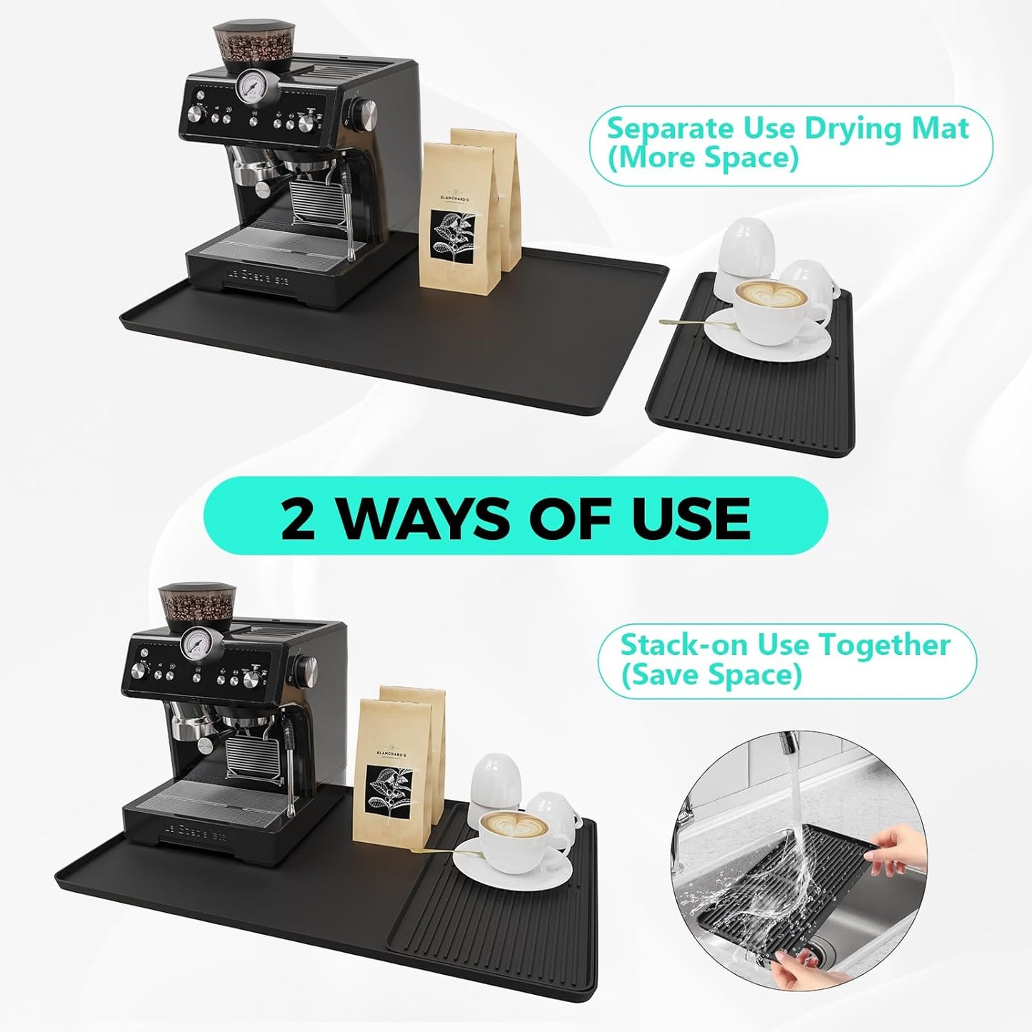 2-in-1 Coffee Mat & Dish Drying Mat Coffee Bar Mats for Countertop Coffees Matt for Counter Silicone Coffees Espresso Machine Station Mats Under coffee Maker Spill Mat Countertops Pot 24×16inch